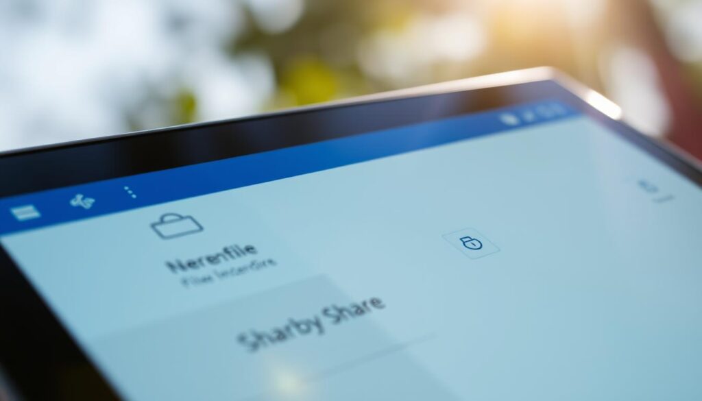A close-up, highly detailed image of the Nearby Share file transfer interface on a Windows 11 device. The scene is brightly lit with natural daylight, captured with a Sony A7R IV camera and polarizer filter to enhance clarity and definition. The interface is sharply in focus, showcasing the intuitive file transfer controls, connectivity indicators, and overall user experience. The image conveys a sense of simplicity and ease of use, reflecting the "Häufige Fragen zu Nearby Share" section of the article.