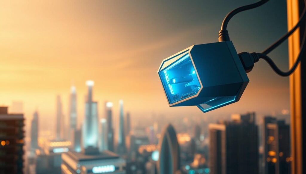 A futuristic powerline adapter hovers in mid-air, its sleek, angular design exuding a sense of technological sophistication. Glowing blue energy pulses through its internal circuitry, hinting at the immense power it wields. The adapter is bathed in a soft, warm light, casting dramatic shadows that accentuate its striking silhouette. In the background, a cityscape of gleaming skyscrapers and futuristic architecture stretches out, suggesting the adapter's integration into the fabric of a modern, connected world. The entire scene radiates a sense of progress and innovation, capturing the essence of the "Future of Powerline Technology" by 2025. A futuristic powerline adapter hovers in mid-air, its sleek, angular design exuding a sense of technological sophistication. Glowing blue energy pulses through its internal circuitry, hinting at the immense power it wields. The adapter is bathed in a soft, warm light, casting dramatic shadows that accentuate its striking silhouette. In the background, a cityscape of gleaming skyscrapers and futuristic architecture stretches out, suggesting the adapter's integration into the fabric of a modern, connected world. The entire scene radiates a sense of progress and innovation, capturing the essence of the "Future of Powerline Technology" by 2025.