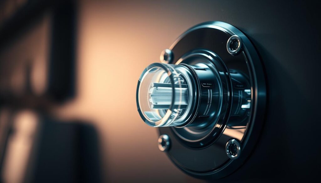 A high-tech closeup of a fiber optic cable activation switch, gleaming in polished chrome and glass, set against a muted, industrial background. The switch is bathed in directional lighting, casting dramatic shadows that accentuate its mechanical precision. The edges are razor-sharp, creating a sense of technological sophistication. The overall mood is one of modern, streamlined connectivity - the activation of a new high-speed digital future.