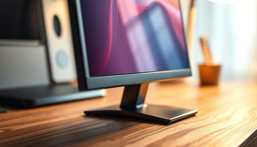 A highly detailed, close-up photograph of a mini LED computer monitor on a wooden desk, showcasing its sleek design and premium build quality. The monitor is positioned at a slight angle, its screen displaying a vibrant, high-contrast image. Soft, warm lighting illuminates the scene, accentuating the monitor's glossy, reflective surface and the delicate texture of the wood grain. The composition emphasizes the monitor's compact size and the care required for its maintenance, hinting at the "Pflege und Wartung von Mini LED Monitoren" section of the article. Shot on a Sony A7R IV with a polarizer filter, the image is hyperrealistic, showcasing every intricate detail with crystal-clear focus and definition.