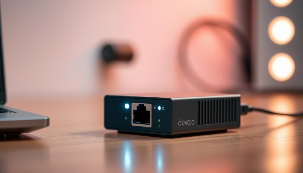 A highly detailed, sharply focused image of a Devolo Netzwerkverbindung network adapter, shot with a Sony A7R IV camera using a polarizer filter to create a hyperrealistic, vivid depiction. The adapter is prominently featured in the foreground, with a clean, well-lit background that emphasizes the device's technical nature. The white LED indicator lights on the adapter are clearly visible, drawing the viewer's attention to the key interface elements. The overall mood is one of precision and clarity, reflecting the importance of properly connecting devices in the "Geräte neu verbinden" section of the article. A highly detailed, sharply focused image of a Devolo Netzwerkverbindung network adapter, shot with a Sony A7R IV camera using a polarizer filter to create a hyperrealistic, vivid depiction. The adapter is prominently featured in the foreground, with a clean, well-lit background that emphasizes the device's technical nature. The white LED indicator lights on the adapter are clearly visible, drawing the viewer's attention to the key interface elements. The overall mood is one of precision and clarity, reflecting the importance of properly connecting devices in the "Geräte neu verbinden" section of the article.