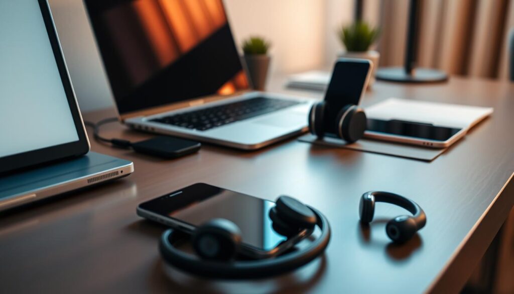 A meticulously designed desktop workspace showcases a neatly arranged assortment of Bluetooth-enabled devices, including a laptop, smartphone, and wireless headphones. The scene is captured with a Sony A7R IV, using a polarizer filter to accentuate the sheen on the sleek, modern devices. Crisp, vivid details and a sharply defined focus create a hyperrealistic, visually striking image that conveys the ease and convenience of connecting Bluetooth devices seamlessly. A meticulously designed desktop workspace showcases a neatly arranged assortment of Bluetooth-enabled devices, including a laptop, smartphone, and wireless headphones. The scene is captured with a Sony A7R IV, using a polarizer filter to accentuate the sheen on the sleek, modern devices. Crisp, vivid details and a sharply defined focus create a hyperrealistic, visually striking image that conveys the ease and convenience of connecting Bluetooth devices seamlessly.