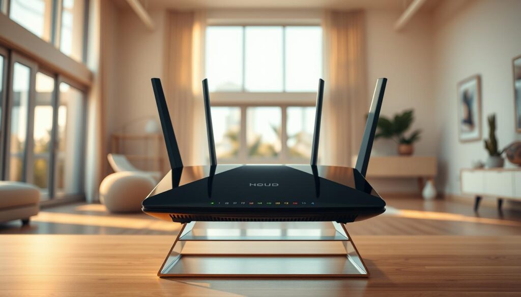 A modern, sleek home router positioned centrally in a bright, spacious room. The router is elevated on a minimalist stand, its glossy black surface reflecting the warm, natural light streaming in from large windows. Intricate antenna arrays extend from the device, conveying a sense of advanced wireless technology. The surrounding decor is minimal and uncluttered, allowing the router to be the focal point. Subtle, colorful status LEDs gently illuminate the device, hinting at its optimization and connectivity capabilities. The entire scene is captured with a shallow depth of field, drawing the viewer's attention to the router as the pinnacle of a well-designed, high-performance home wireless network.