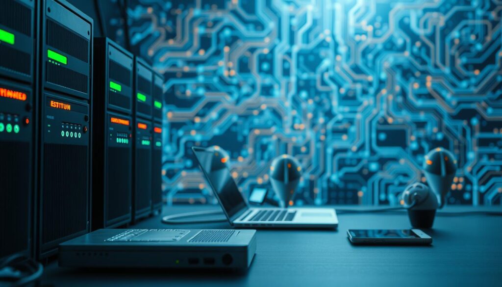 A secure and private home network with strong encryption protocols, advanced firewall settings, and robust access controls. Sleek servers and routers in the foreground, their LED indicators glowing softly. In the middle ground, a laptop and smartphone connected seamlessly, data flowing securely between them. The background features an abstract digital landscape of interlocking circuit boards and data streams, conveying the complex yet orderly nature of modern network infrastructure. Soft, cool lighting illuminates the scene, creating a sense of technological sophistication and trustworthiness. Shot on Sony A7R IV, clearly focused, sharply defined, polarizer filter, Hyperrealistic image.