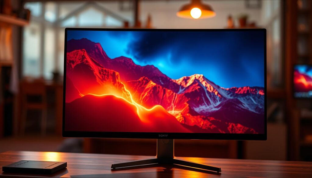 A sleek, minimalist gaming monitor with a razor-sharp Mini LED display, casting a warm, ambient glow. The screen is bathed in vivid, true-to-life colors, with deep blacks and brilliant highlights that draw the viewer's eye. Masterfully crafted from premium materials, the monitor's slim, edge-to-edge design boasts a modern, futuristic aesthetic. Backlit by precisely controlled Mini LED zones, the display delivers unparalleled contrast and HDR performance, elevating the gaming experience to new heights. Captured through the lens of a Sony A7R IV, this hyperrealistic image showcases the monitor's stunning visual clarity and attention to detail, complete with the subtle sheen of a polarizer filter.