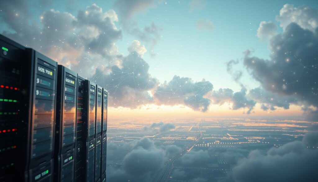 A vast, cloud-like data network fills the frame, ethereal and ever-changing. Luminous streams of information flow through translucent, wispy forms, casting a serene, otherworldly glow. In the foreground, sleek data servers and storage devices hum with activity, their metallic surfaces reflecting the shifting digital landscape. The middle ground reveals a panoramic vista of interconnected nodes and pathways, weaving a tapestry of digital infrastructure. In the background, the horizon fades into a soft, pastel gradient, suggesting the boundless expanse of the cloud. Shot on Sony A7R IV, clearly focused, sharply defined, polarizer filter, Hyperrealistic image.