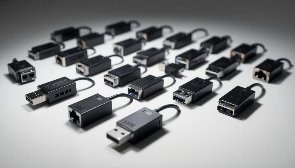 A well-lit studio shot of a selection of USB LAN adapters displayed on a clean white surface. The adapters are arranged in an organized grid, each one clearly visible and showcasing its design and connection ports. Soft shadows beneath the adapters create a sense of depth and dimension. The composition is balanced, with the adapters taking up the majority of the frame. The lighting is evenly distributed, creating a bright, professional atmosphere that highlights the adapters' technical features. The overall mood is one of clarity, precision, and attention to detail, reflecting the informative nature of the article's section on choosing the right USB LAN adapter. A well-lit studio shot of a selection of USB LAN adapters displayed on a clean white surface. The adapters are arranged in an organized grid, each one clearly visible and showcasing its design and connection ports. Soft shadows beneath the adapters create a sense of depth and dimension. The composition is balanced, with the adapters taking up the majority of the frame. The lighting is evenly distributed, creating a bright, professional atmosphere that highlights the adapters' technical features. The overall mood is one of clarity, precision, and attention to detail, reflecting the informative nature of the article's section on choosing the right USB LAN adapter.