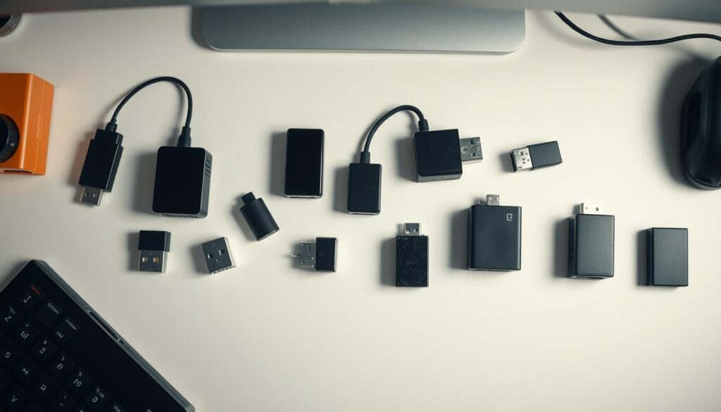 An overhead view of a clean, organized desk displaying various USB LAN adapter models. The adapters are arranged in a grid-like pattern, showcasing their diverse designs and connectors. Soft, even lighting illuminates the scene, capturing the products' details and materials with precision. The background is a neutral, minimalist space, allowing the adapters to be the focal point. The image conveys a sense of comparative analysis, inviting the viewer to assess the relative size, features, and potential cost differences between the presented USB LAN adapter options. An overhead view of a clean, organized desk displaying various USB LAN adapter models. The adapters are arranged in a grid-like pattern, showcasing their diverse designs and connectors. Soft, even lighting illuminates the scene, capturing the products' details and materials with precision. The background is a neutral, minimalist space, allowing the adapters to be the focal point. The image conveys a sense of comparative analysis, inviting the viewer to assess the relative size, features, and potential cost differences between the presented USB LAN adapter options.