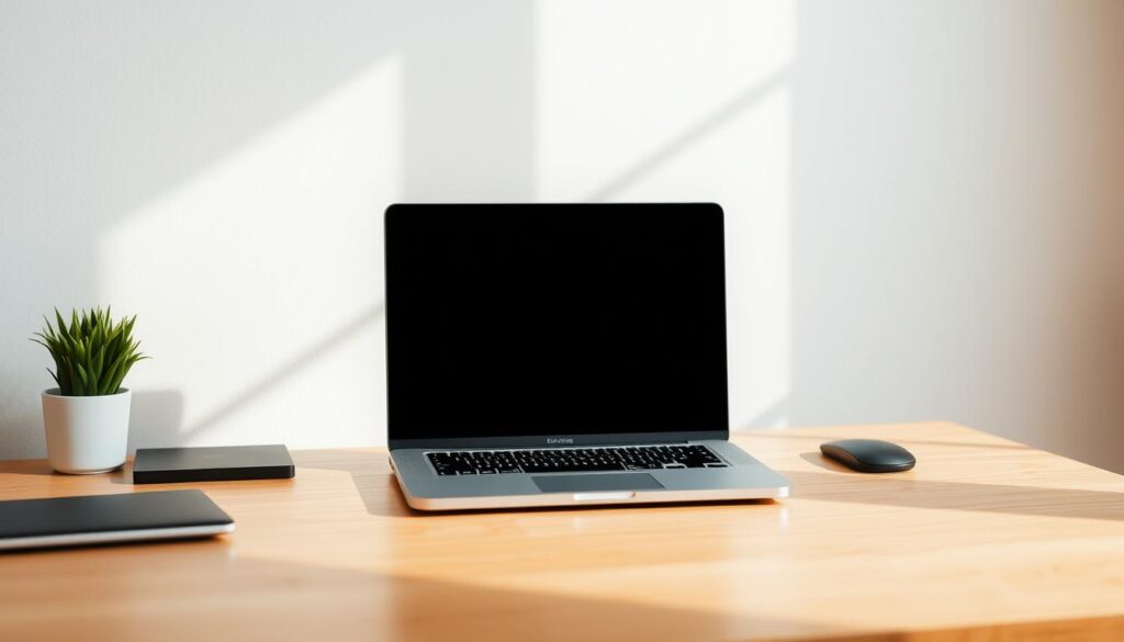 High-resolution photograph of a carefully positioned Macbook laptop on a clean, minimalist wooden desk, with attention to optimal monitor positioning and ergonomics. The laptop is placed at an optimal angle, with the screen slightly tilted and the height adjusted to eye level. The lighting is natural and diffused, creating a soft, pleasant ambiance. The image should convey a sense of simplicity, focus, and productivity, reflecting the subject of the article's section on "Tipps zur optimalen Positionierung des Monitors". High-resolution photograph of a carefully positioned Macbook laptop on a clean, minimalist wooden desk, with attention to optimal monitor positioning and ergonomics. The laptop is placed at an optimal angle, with the screen slightly tilted and the height adjusted to eye level. The lighting is natural and diffused, creating a soft, pleasant ambiance. The image should convey a sense of simplicity, focus, and productivity, reflecting the subject of the article's section on "Tipps zur optimalen Positionierung des Monitors".