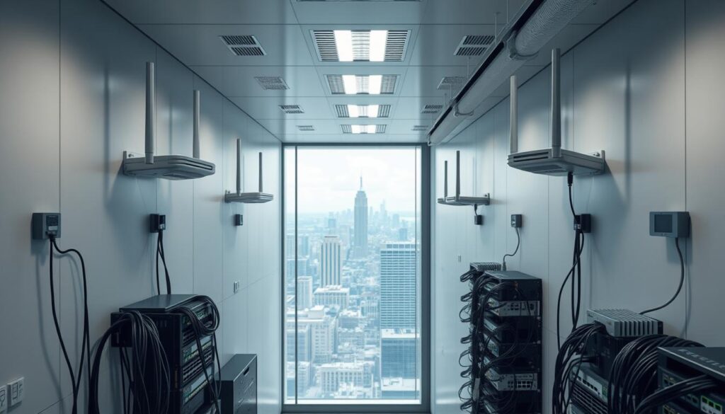 High-tech wireless network infrastructure with futuristic band steering technology in a sleek, modern setting. A Sony A7R IV camera captures the scene with a polarizer filter, creating a sharp, hyperrealistic image. The foreground features advanced wireless access points mounted on the walls, their antennas elegantly extending outward. The middle ground showcases a complex array of network cables, routers, and switches, all seamlessly integrated into the clean, minimalist interior design. The background reveals a panoramic view of a bustling cityscape, hinting at the global connectivity and cutting-edge advancements in wireless technology. The overall atmosphere conveys a sense of sophistication, innovation, and the promising future of band steering capabilities.