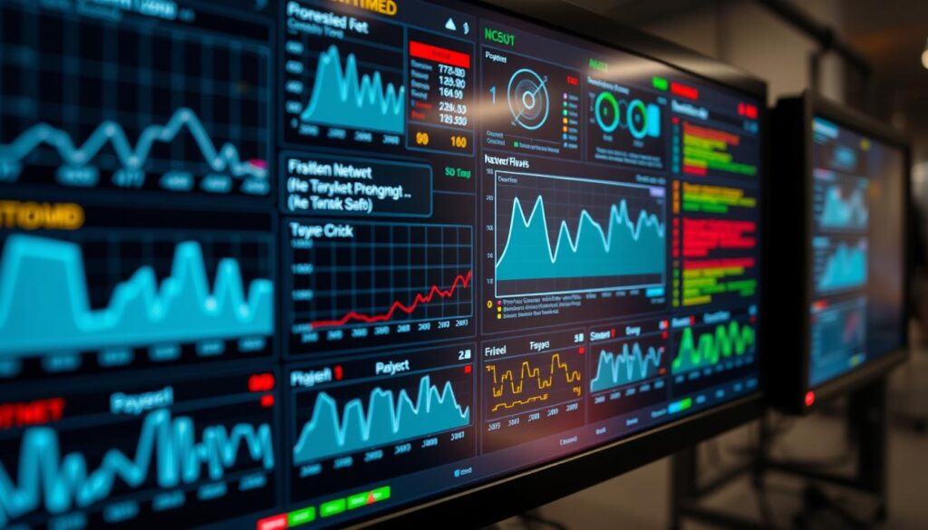 Shot on Sony A7R IV, a detailed, hyperrealistic image of a network monitoring display showcasing common troubleshooting issues. The screen displays various network diagnostic information, graphs, and error messages, providing a clear visual representation of the challenges users might face when dealing with network connectivity problems. The display is sharply focused, with vivid colors and a polarized filter enhancing the clarity of the technical details. The overall mood is one of problem-solving, with a clean, professional aesthetic that aligns with the "Häufige Probleme und Lösungen" section of the article.