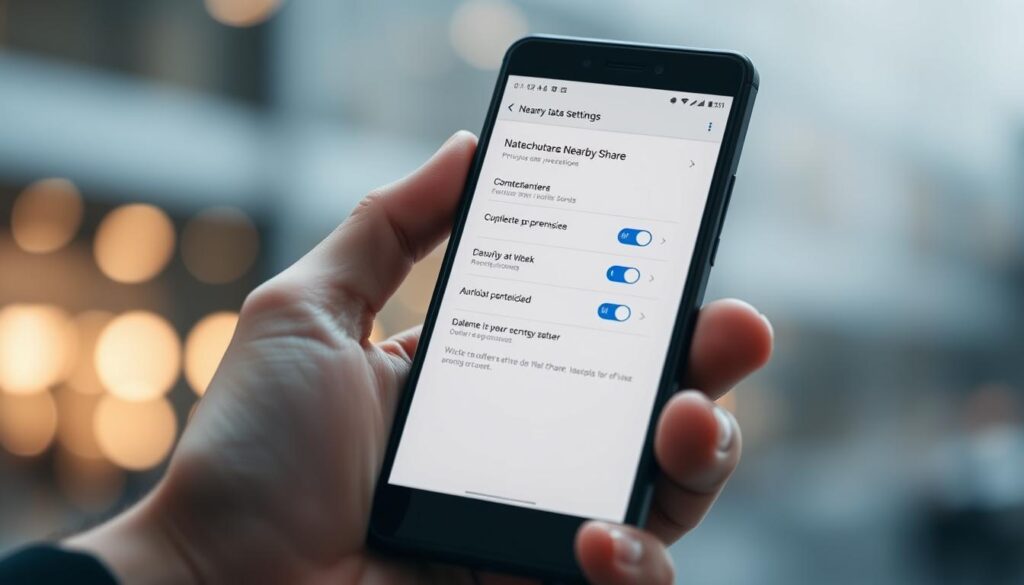 Shot on Sony A7R IV, a modern and sleek smartphone with a secure data transfer feature - Nearby Share. In the foreground, a person's hand holds the smartphone, the screen displaying the Nearby Share privacy settings. The middle ground showcases a simple, minimalist interface with toggle switches and options for controlling data sharing permissions. The background is blurred, highlighting the focus on the privacy-oriented user interface. The image conveys a sense of security and control, emphasizing the importance of data protection in the age of digital connectivity. Clearly focused, sharply defined, and with a polarizer filter applied for enhanced clarity, this hyperrealistic image illustrates the "Datenschutz und Sicherheit bei Nearby Share" section of the article.